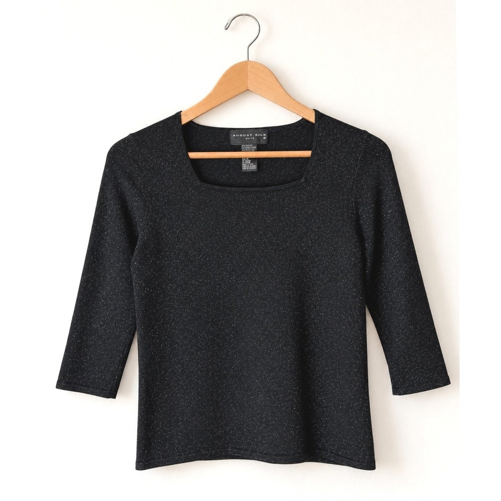 August Silk Knit Sweater Top Women Medium Black Silk Blend Metallic Square Neck